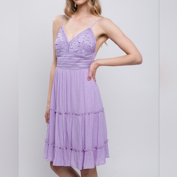 Love Tree Dresses & Skirts - Wearing Rn🌷LOVE TREE Lavender Crochet Open Back Bow Tie Lace Waist Band Dress